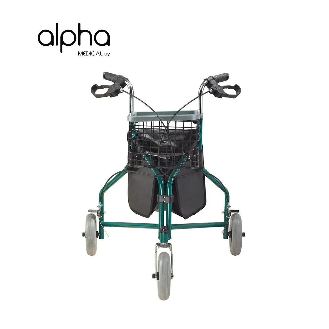 Andador 3 ruedas con canasto y freno. Plegable.