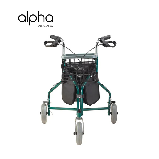 Andador 3 ruedas con canasto y freno. Plegable.