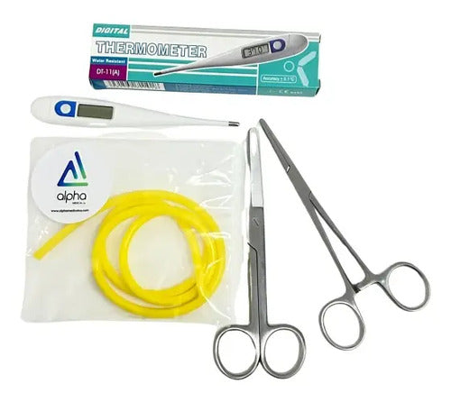 Kit Enfermería. Ligadura, Tijera, Pinza Y Termómetro.