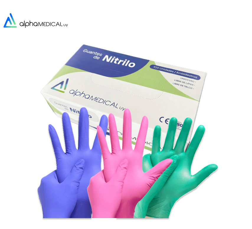 Guantes De Nitrilo Rosa/Verde/Lila . Caja 100 Unidades. - AlphaMedicalUy