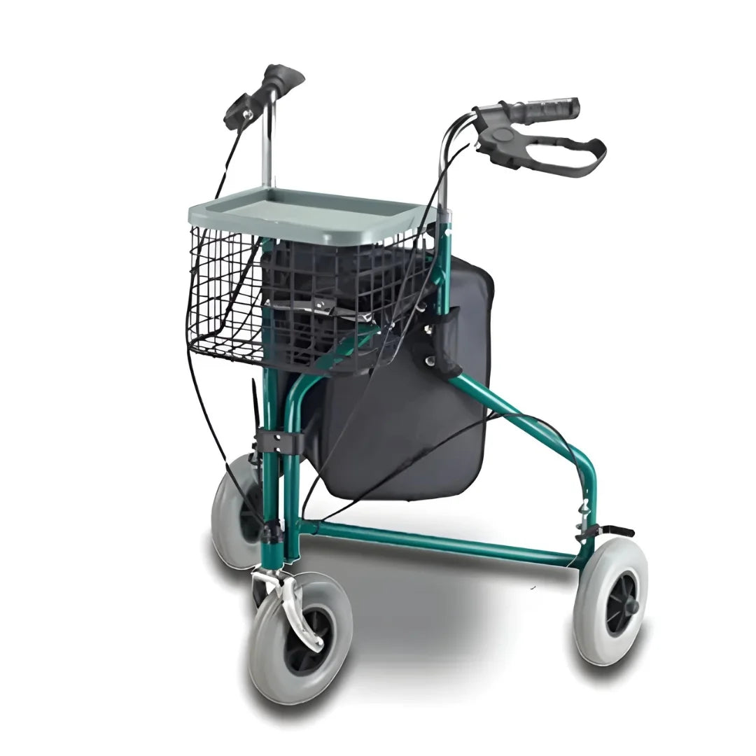 Andador 3 ruedas con canasto y freno. Plegable.