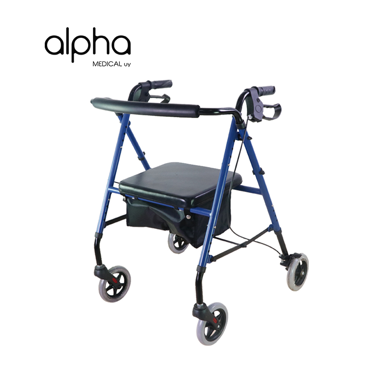 Andador 4 ruedas con freno y portaobjetos. Plegable.