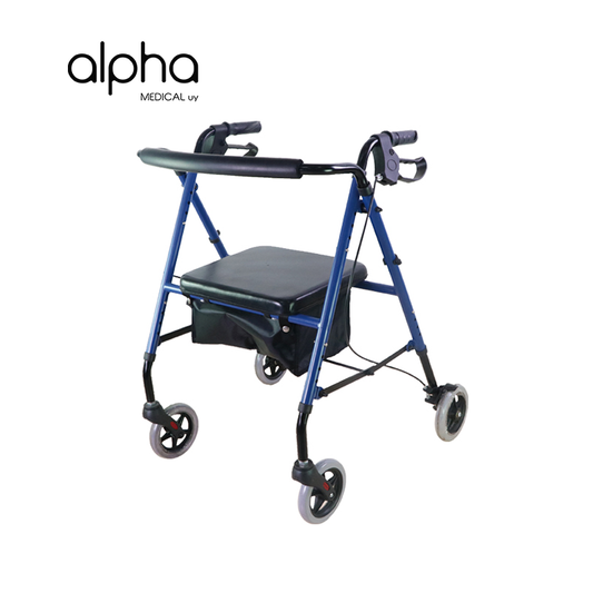 Andador 4 ruedas con freno y portaobjetos. Plegable.